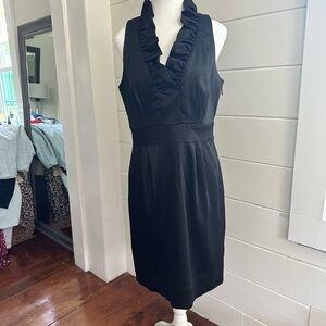 Ruffle v-neck dress black sateen; brand: Taylor; purchased @ Nordstrom; like new